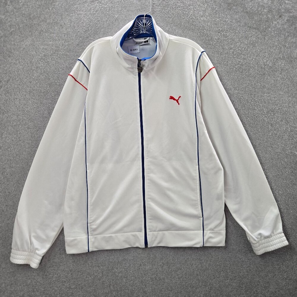 VINTAGE Puma Track Jacket Large White Logo Embroidered Pockets Full Zip Y2K